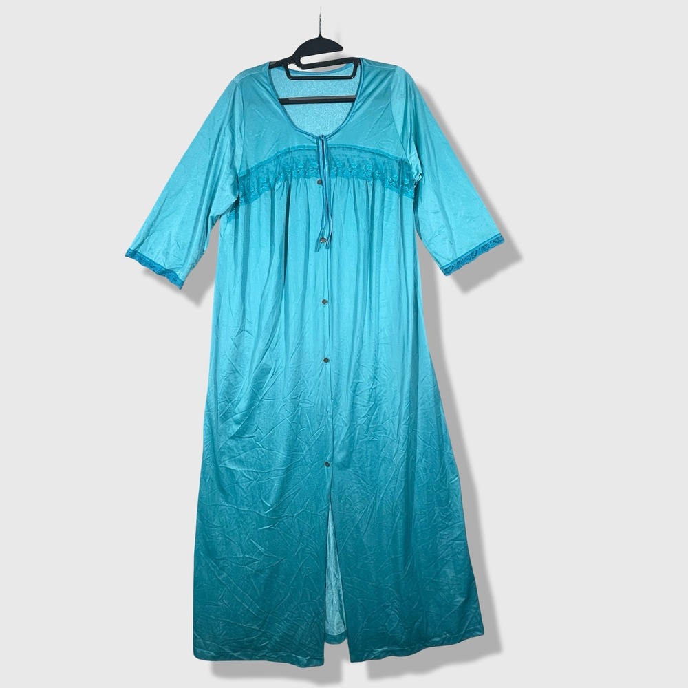 J.C. Penney Nightgown Women Large Teal Blue Vintage Lace Trim‎ Robe Loungewear